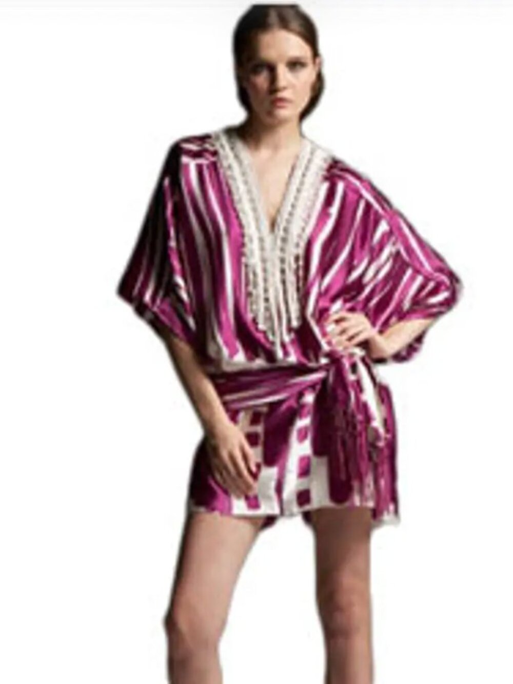 Oscar de la Renta Silk Beaded Tunic Dress Kaftan Purple Pink Print Resort Medium